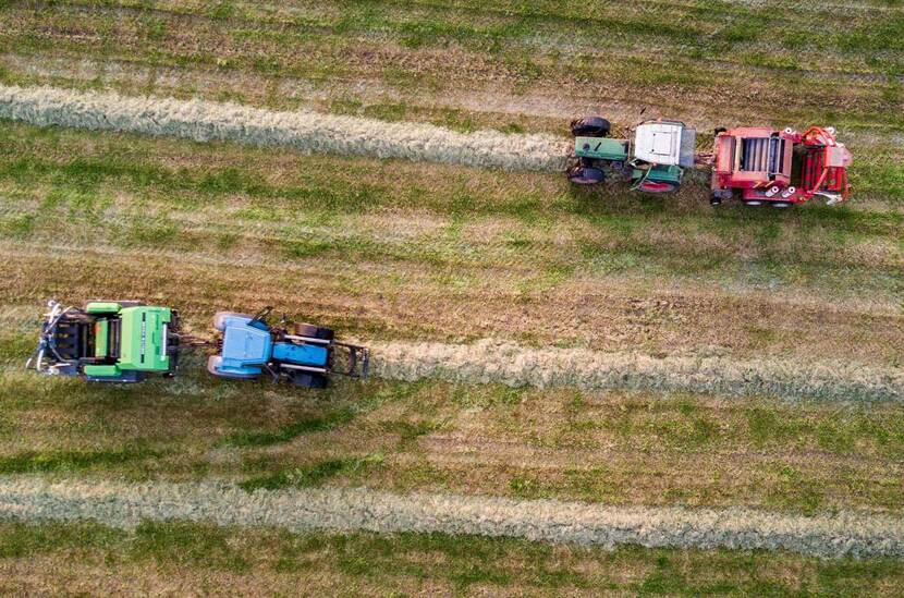 Boeren maaien gras van weiland